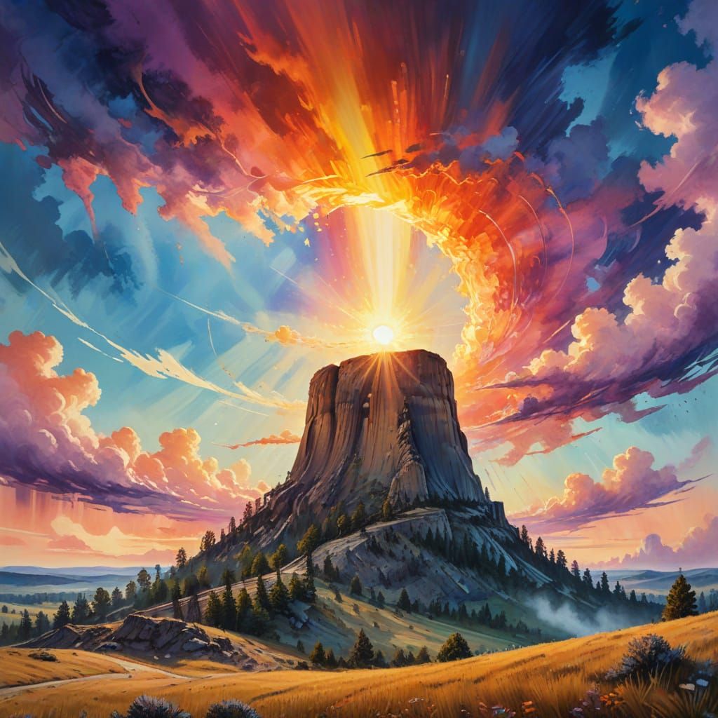 Dreamy Rainbow Over Devil's Tower in Vibrant Watercolor
