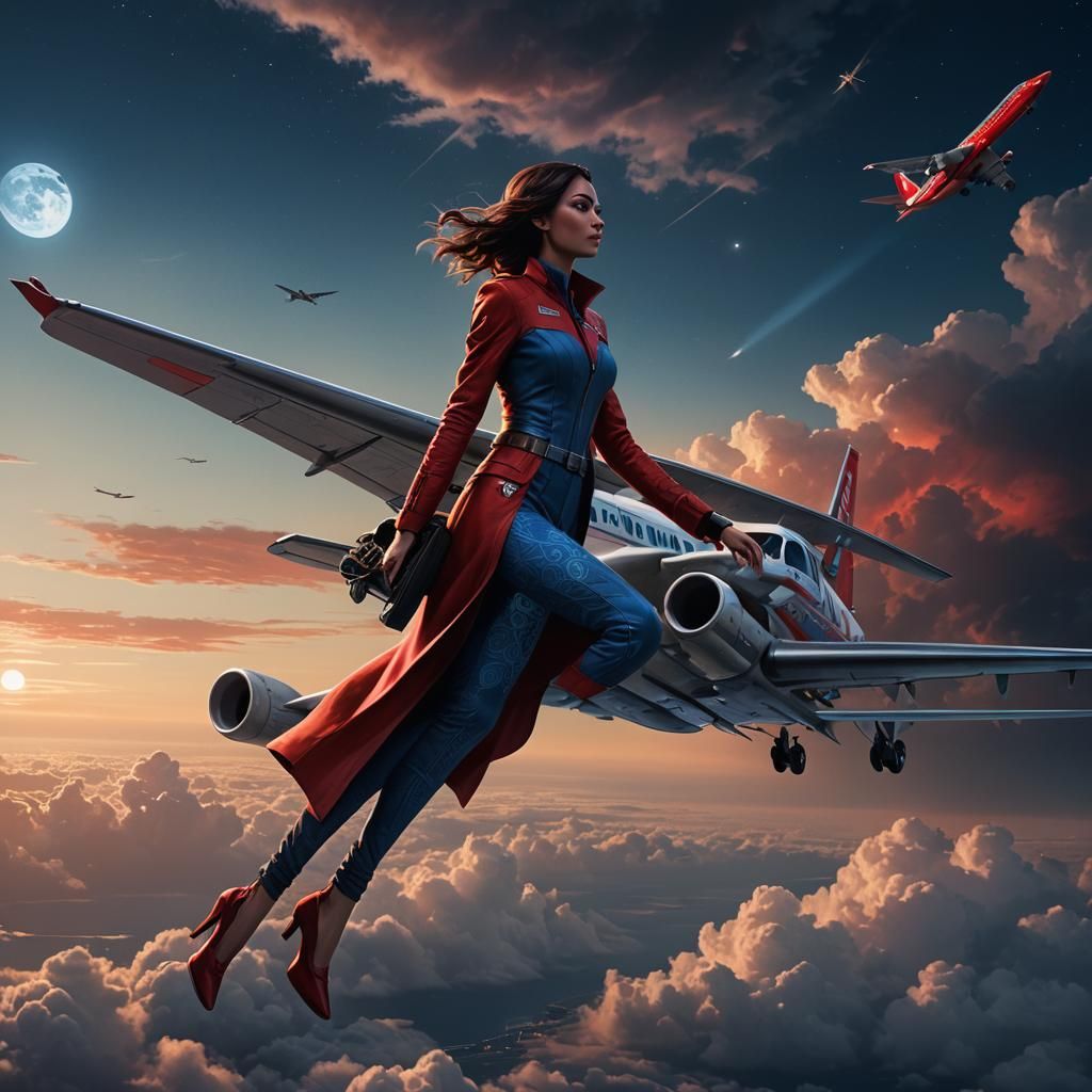 Girl in Red and Blue Dress on Airplane Wing