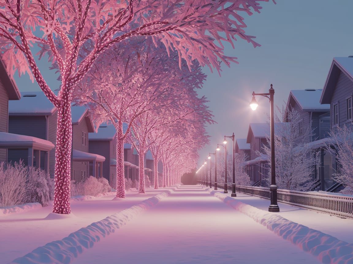 Serene Snow-Covered Street with Pink Lights