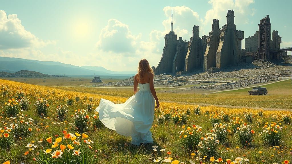 Surreal Juxtaposition: Meadow and Warzone in Dark Fantasy St...