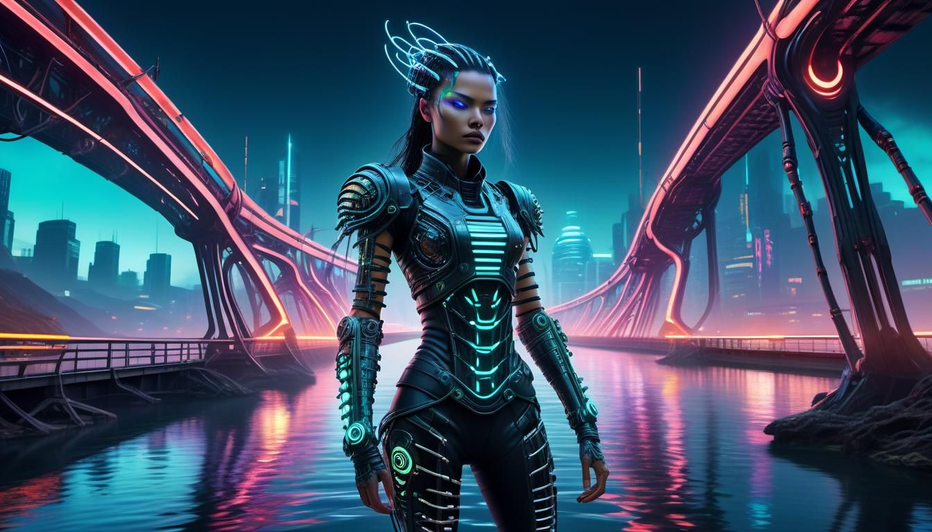 Biopunk Warrior on Futuristic Bridge in Neon Light