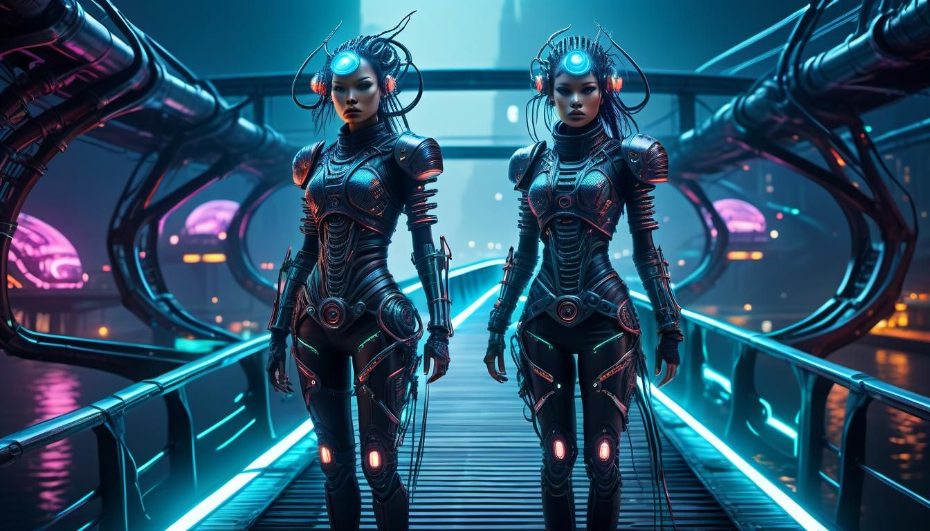 Biopunk Warrior on Futuristic Bridge in Conceptual Art