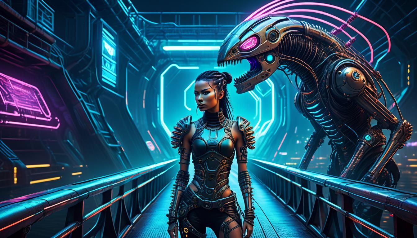 Biopunk Warrior on Futuristic Bridge in Neon Light
