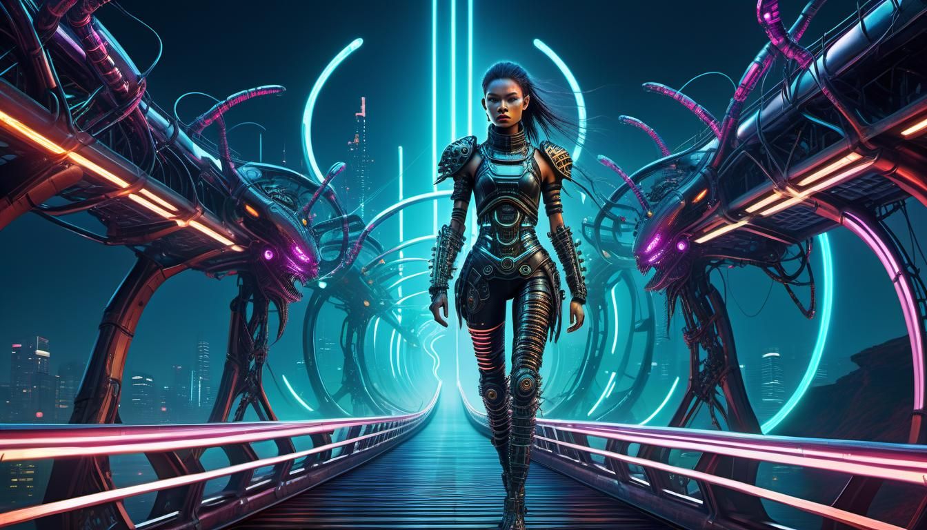 Biopunk Warrior on Futuristic Bridge in Cinematic Style
