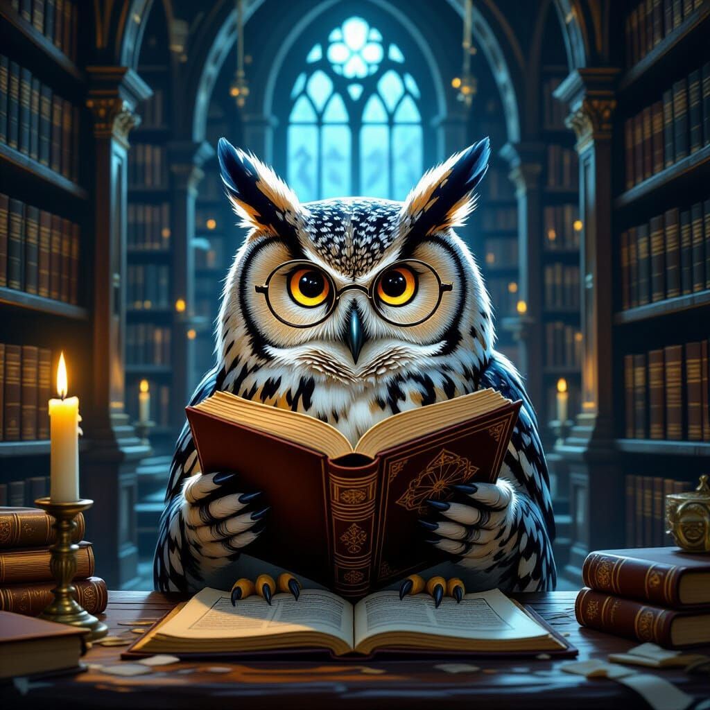Wise Owl Studying in Mystical Library: Fantasy Art