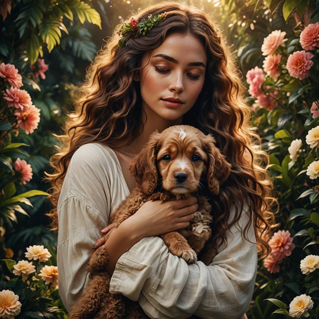 Woman and Puppy in Lush Garden, Bierstadt Style