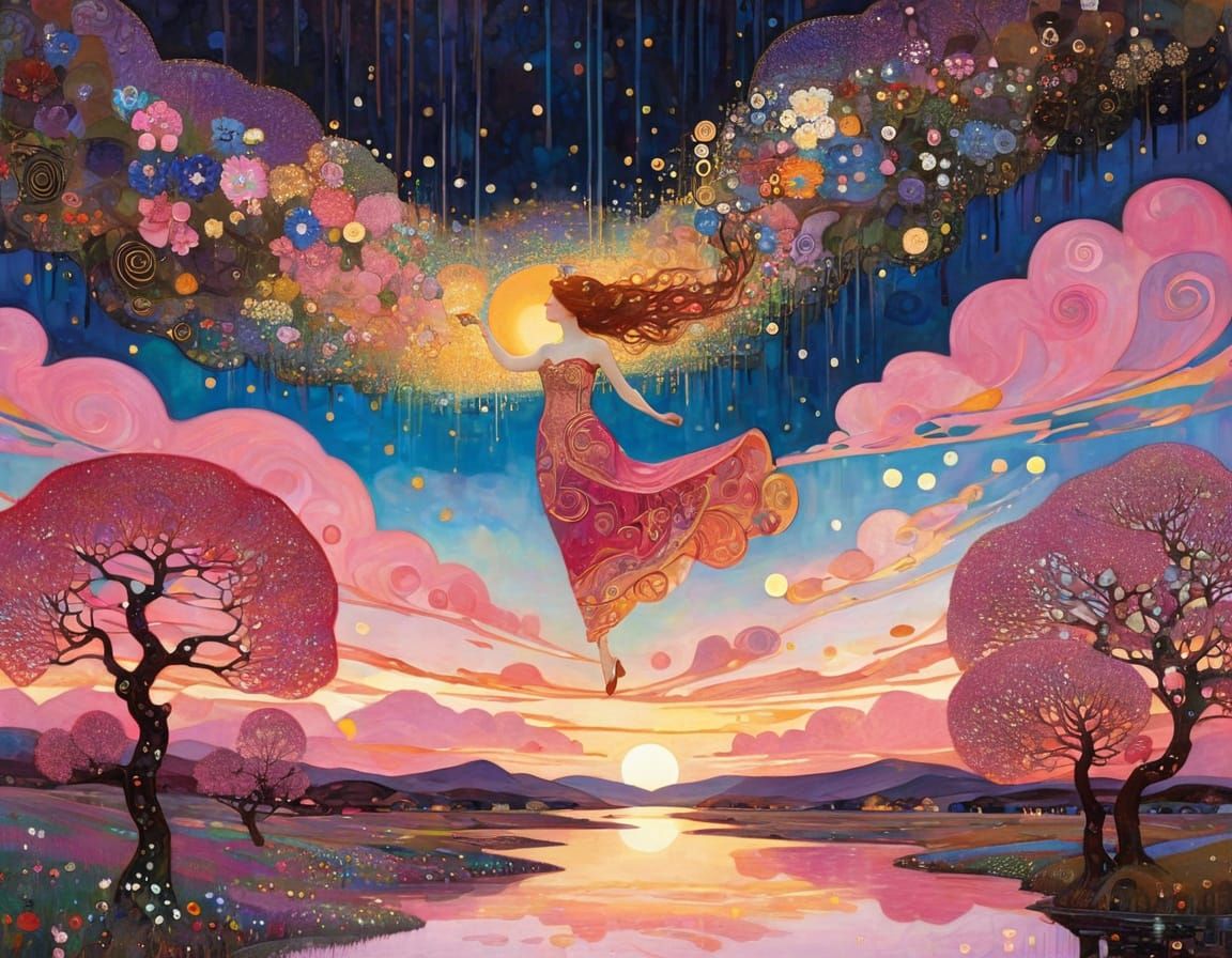 Vivid Golden Hour D&D Character in Baby Pink Ink Illustratio...