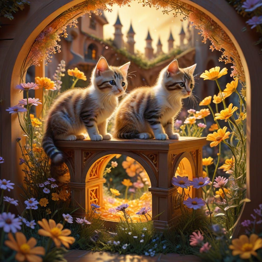 Kittens Playing in Impossible Escher Architecture