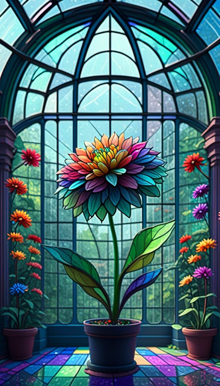 Stained Glass Dahlia in Rainy Greenhouse: 3D Digital Art