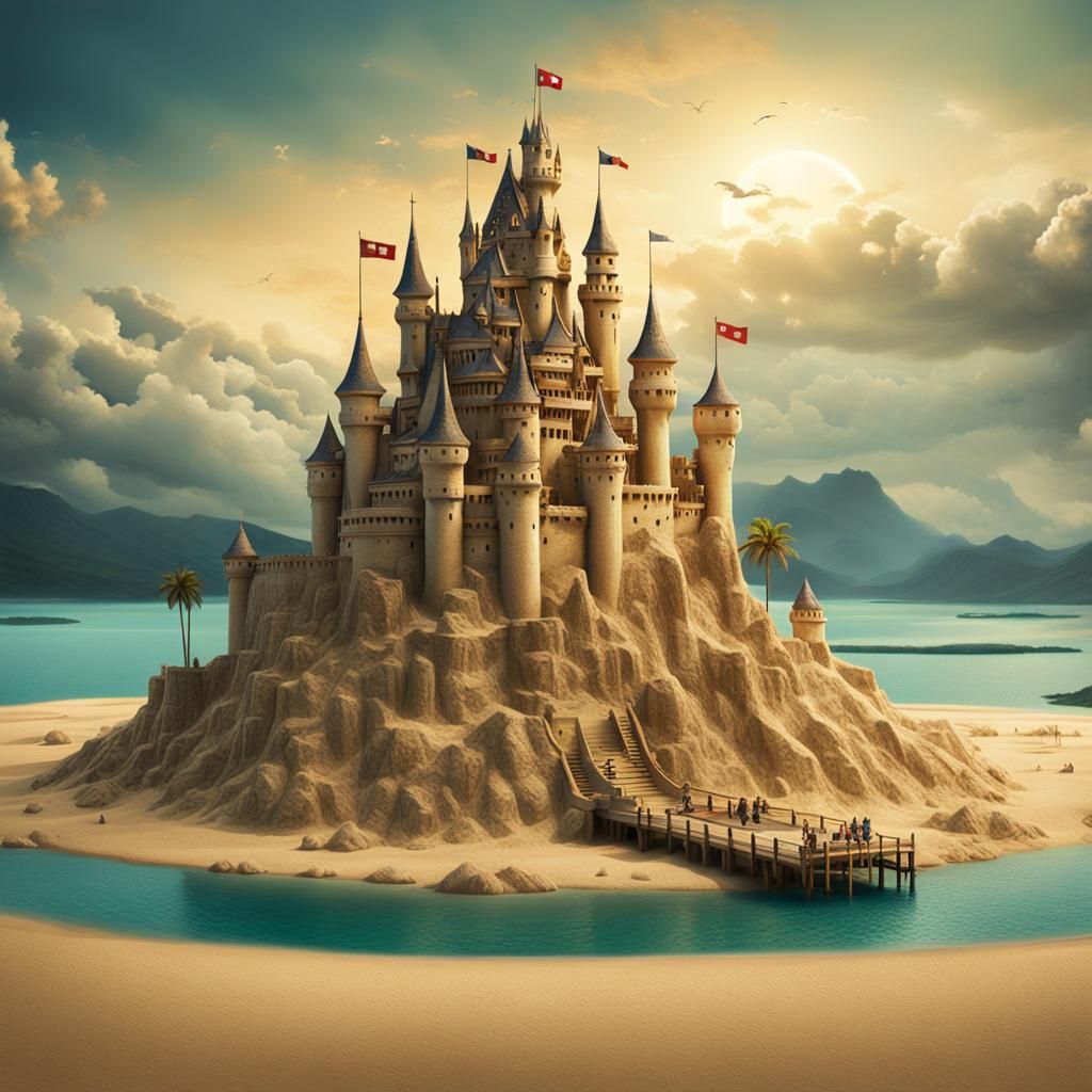 Swiss Sand Castle in Lagoon: Cinematic Digital Painting