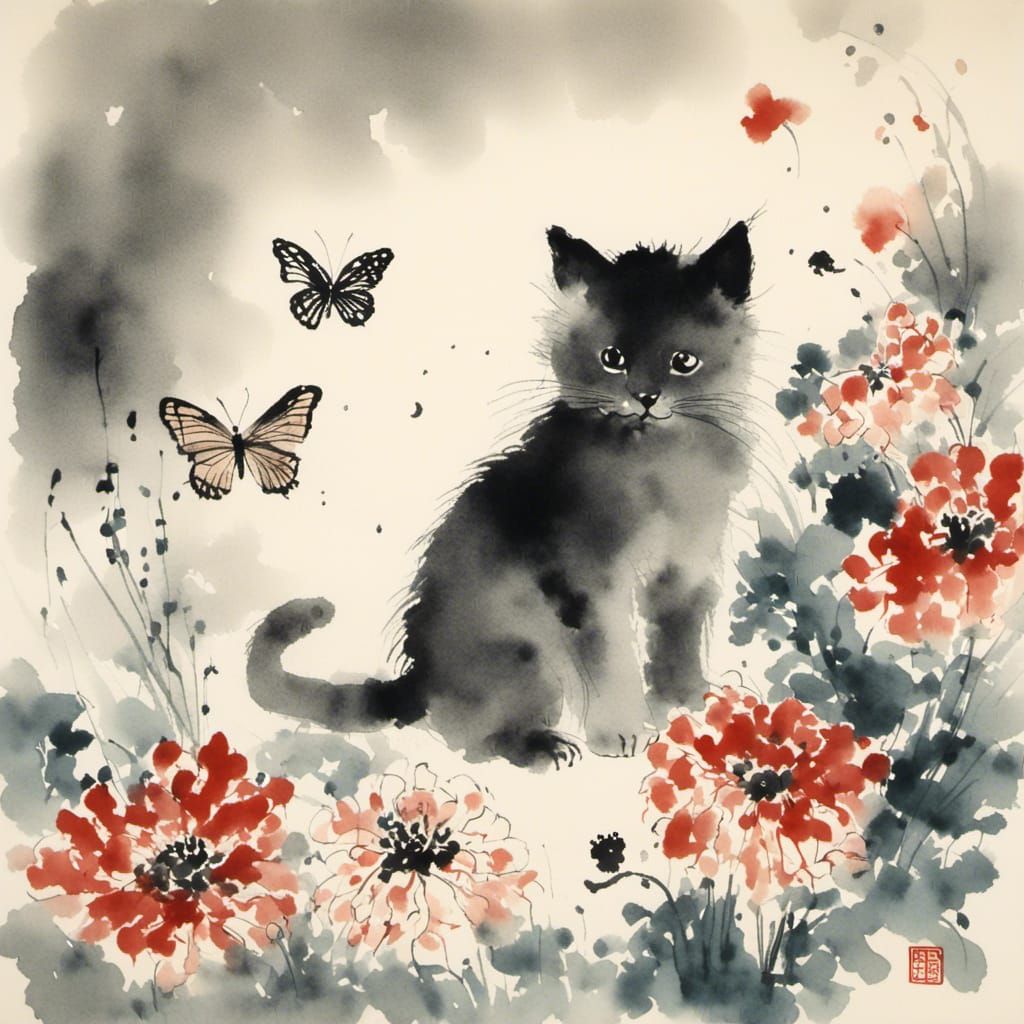 Minimalist Sumi-e Kitten with Chrysanthemums and Butterflies