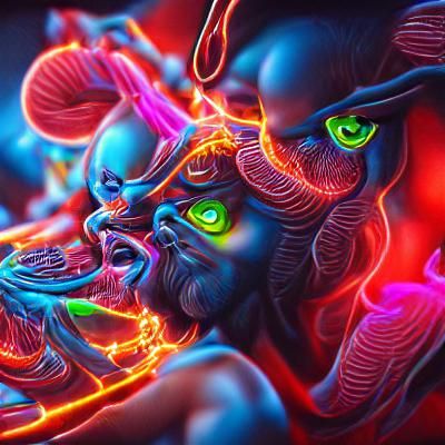 Gods and Devils Clash in Neon Surrealism