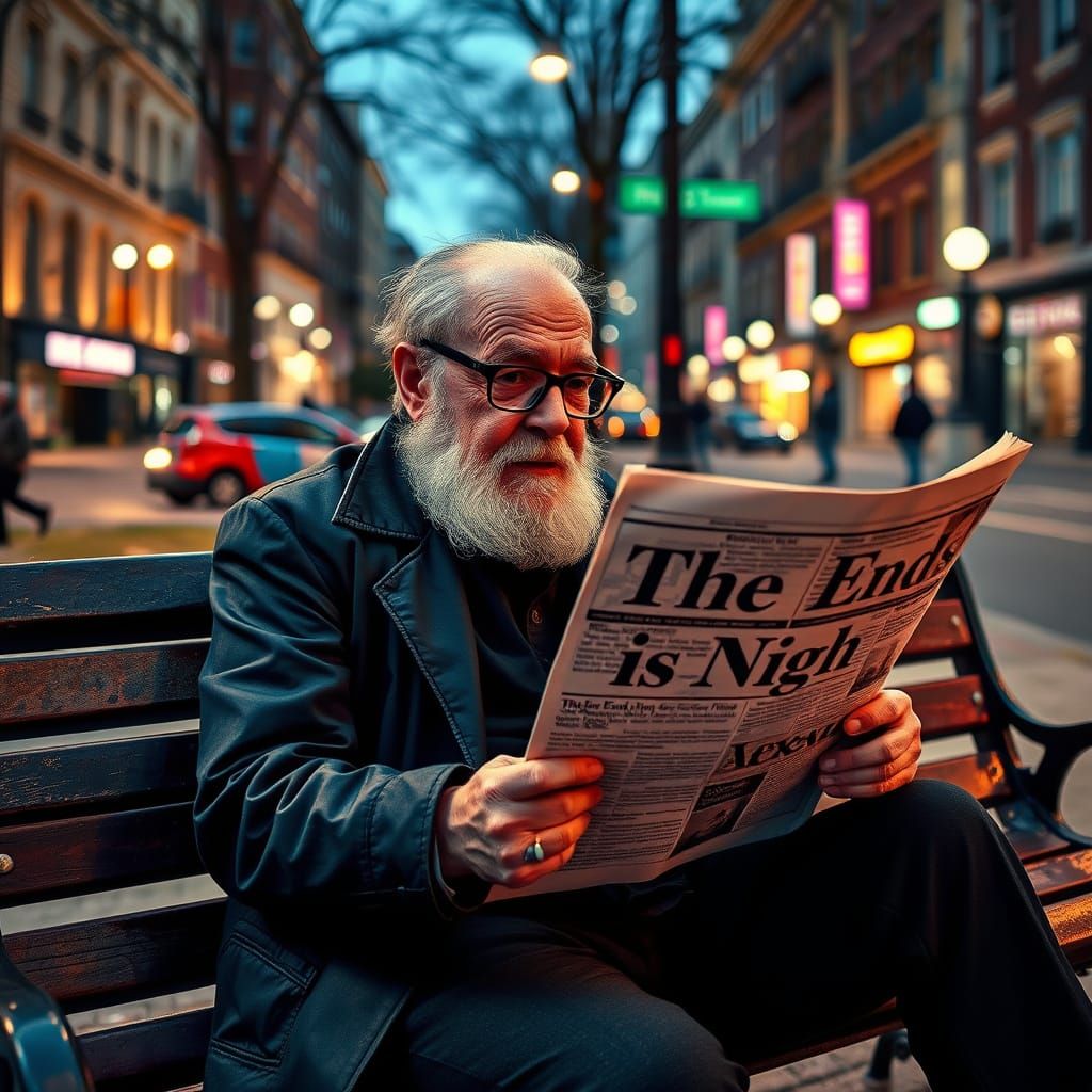 Goth Elder Reading Street Art News in Vibrant Urban Night
