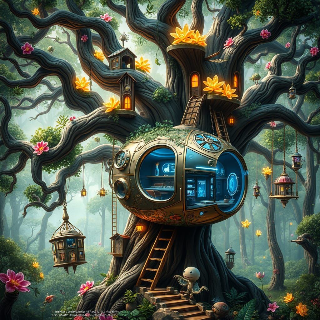 Majestic Treehouse Village in Whimsical Forest with Glowing ...