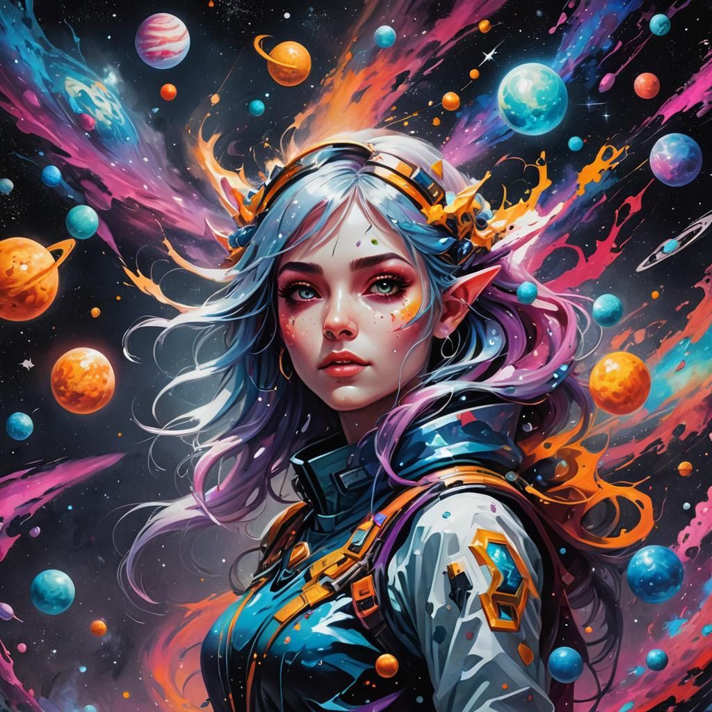 Astral Elf Girl in Space Graffiti Art