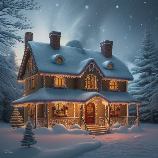 A fantastically detailed gingerbread house in a snowy winter...