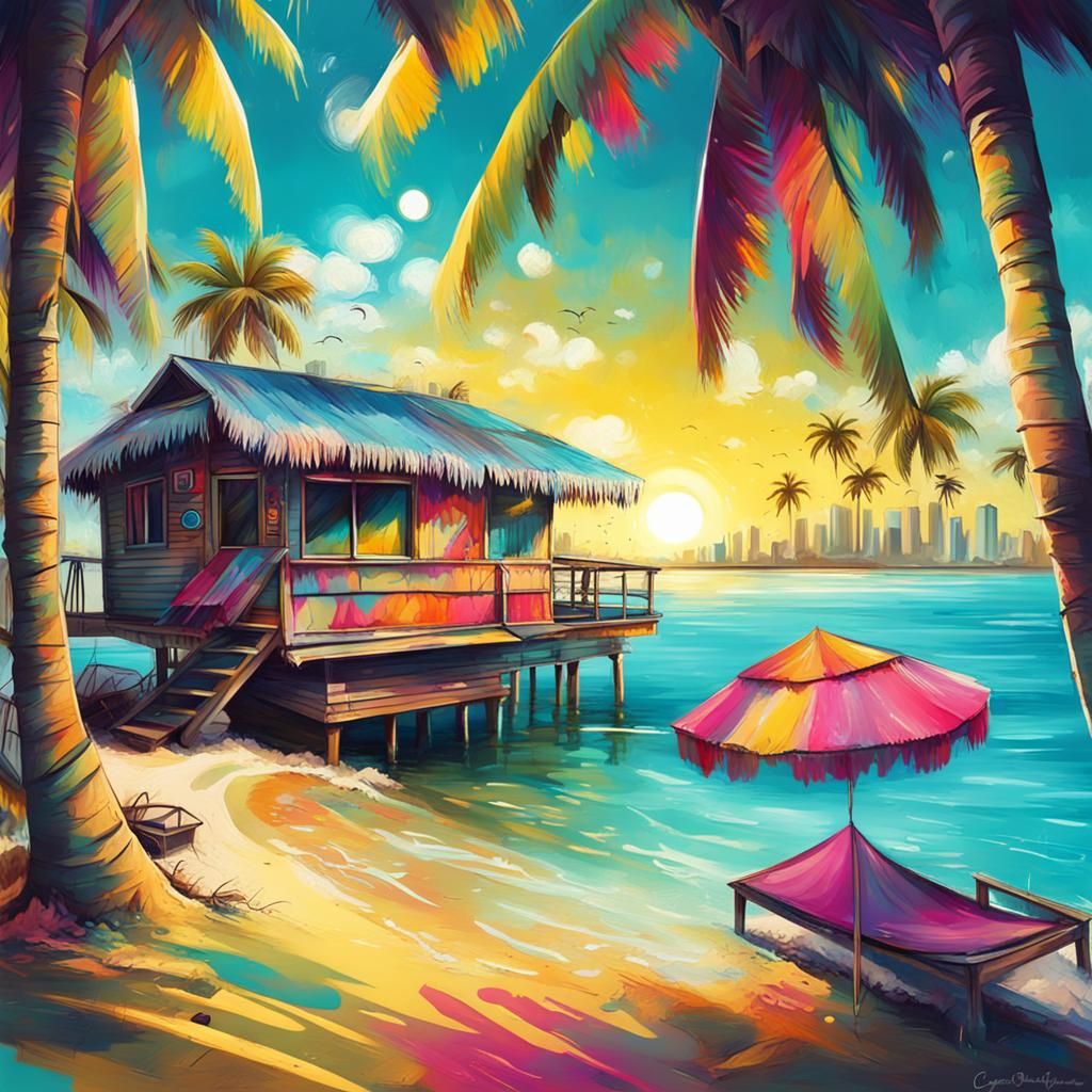 Beach Bungalows with Graffiti Art Style