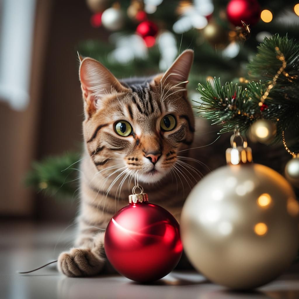 Cat Enjoys Christmas Ornament on Tree