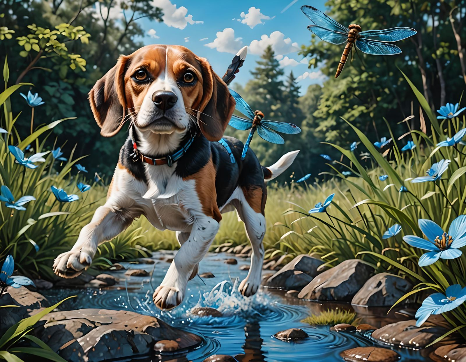 a beagle dog with black, brown and white colors on his fur c...