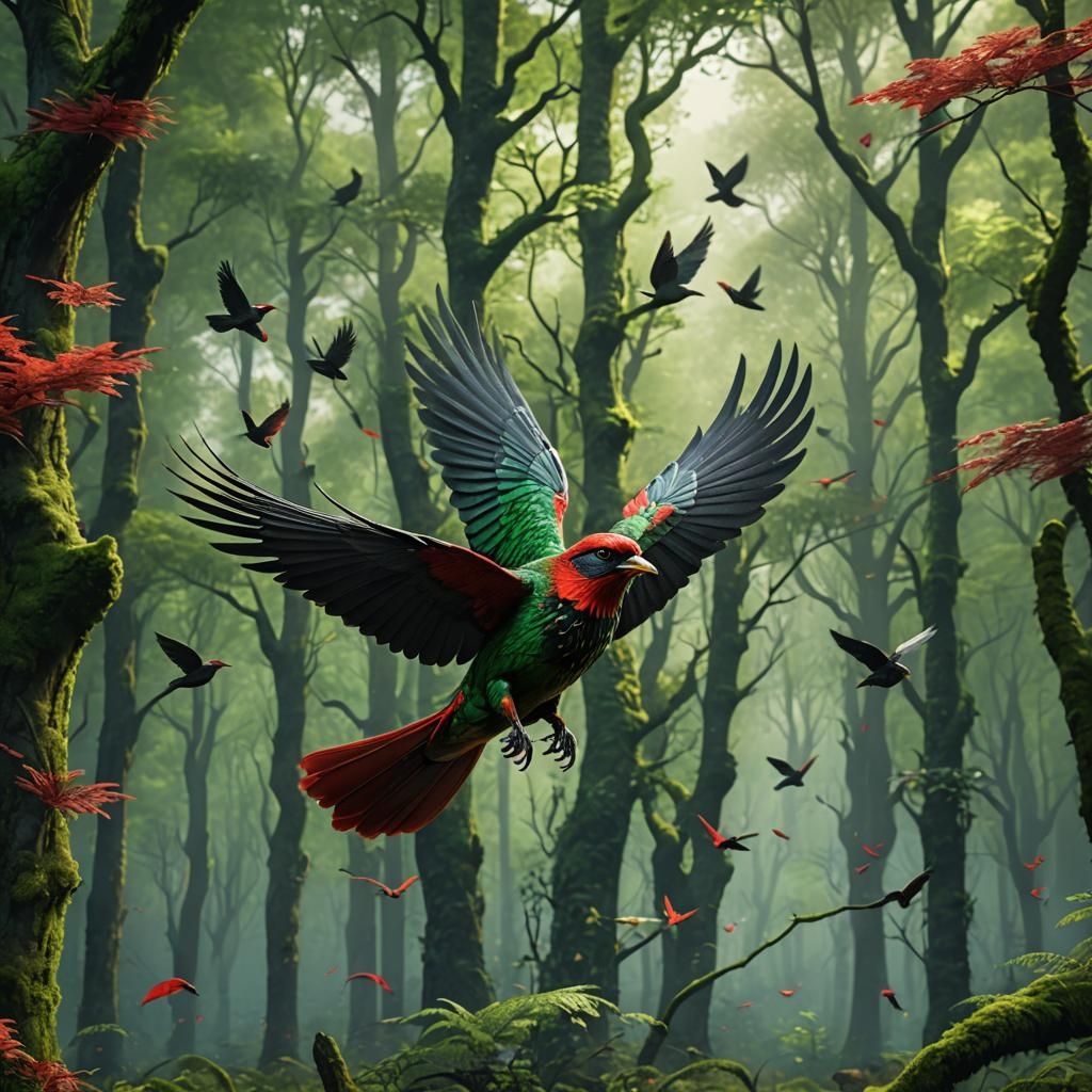 Red-Winged Bird in Flight: Detailed Matte Painting