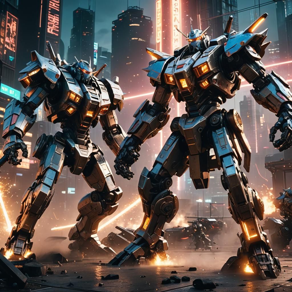 Epic Mecha Battle in Cage Arena, Digital Art