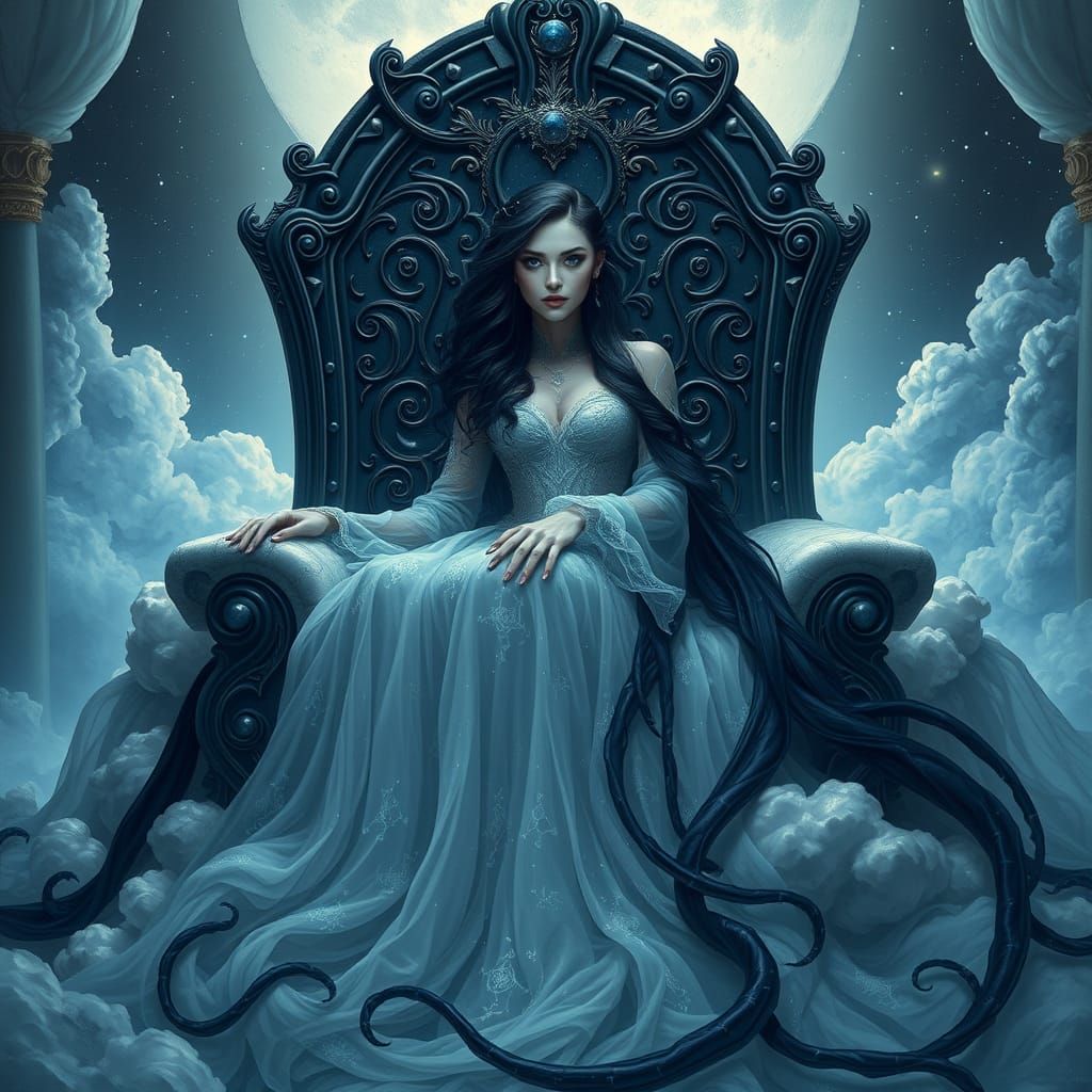 Surreal Goddess of the Cosmos in Celestial Gown and Throne