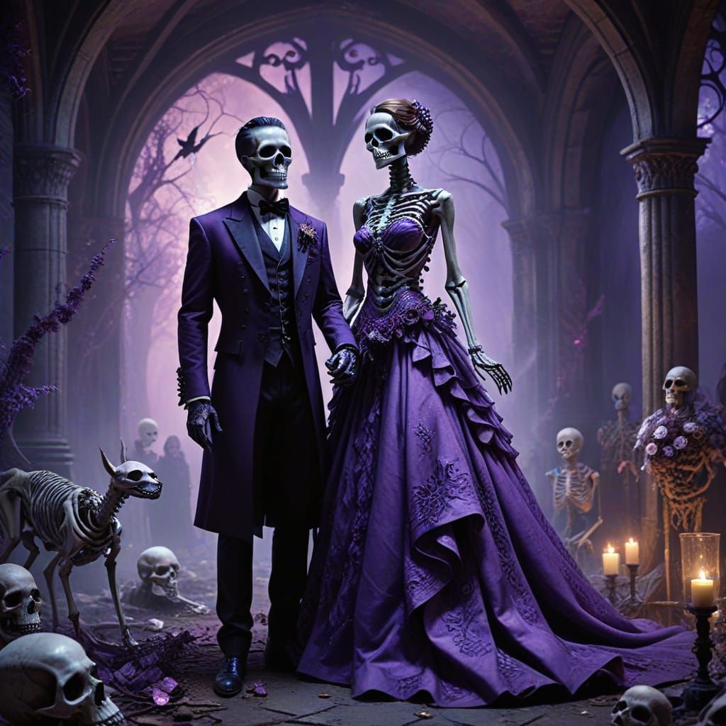 A Skeleton with his bride to be, all in a purple wedding dre...