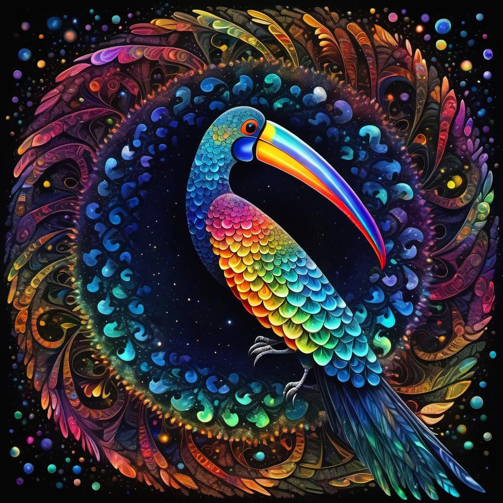 Iridescent Fractal Toucan Bird in Watercolor Style