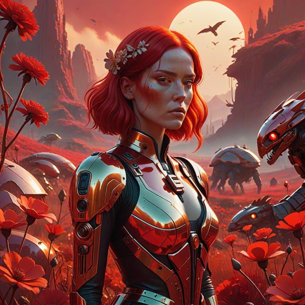 Vibrant Red Goddess in a Fantastical Realm, Inspired by Oil....