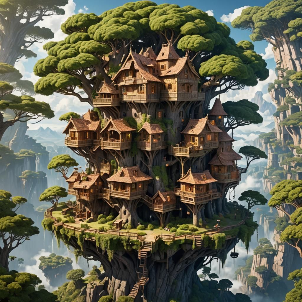 Elaborate Romanesque Treehouse on Floating Island