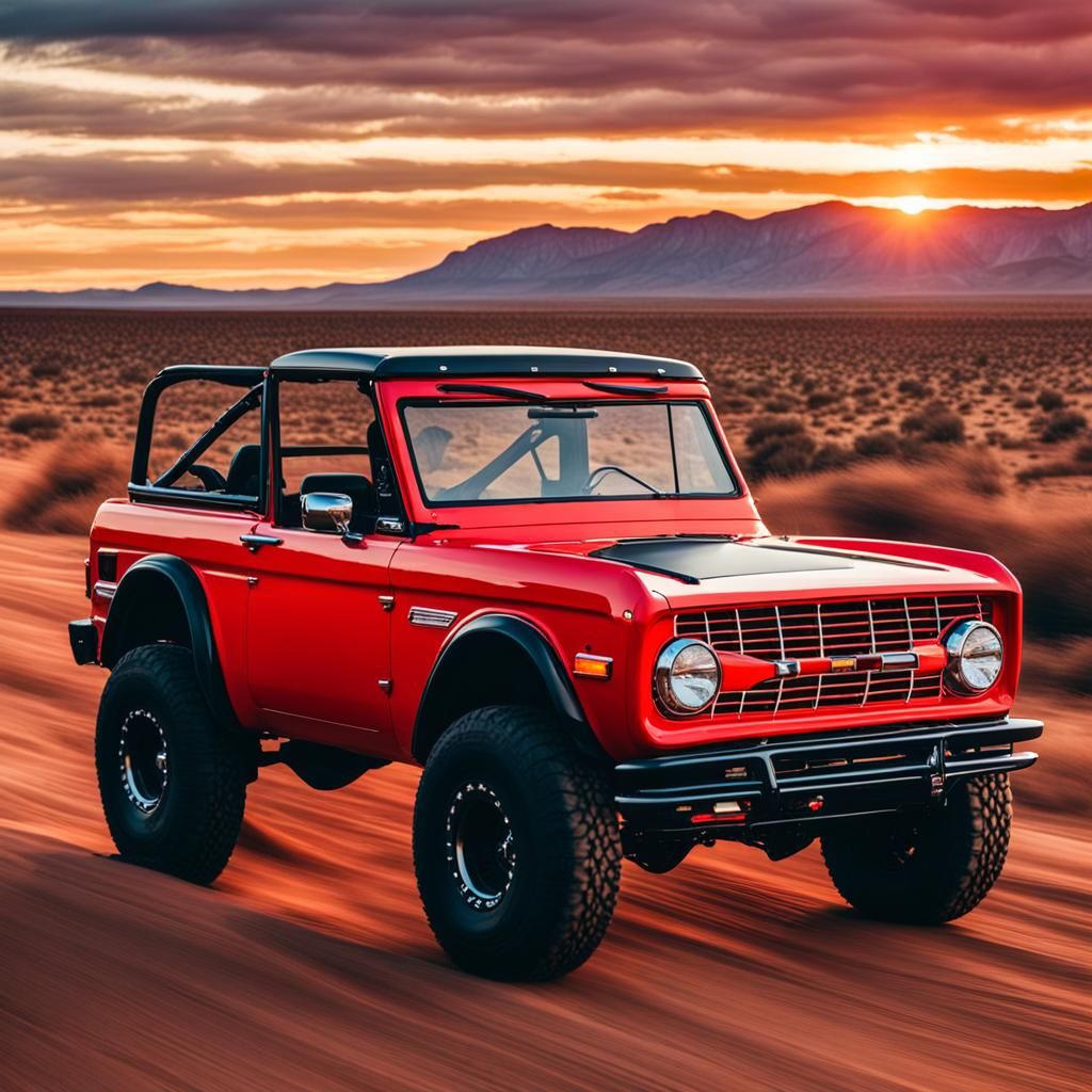 Red Bronco Cruising at Sunset