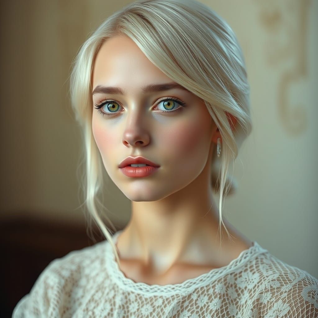 Platinum Blonde Woman Portrait in Hyperrealistic Style