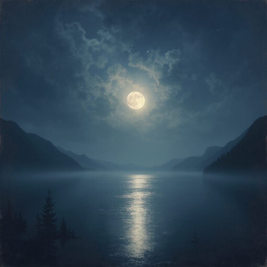 Serene Grey Lake Under Indigo Sky With Radiant Moon