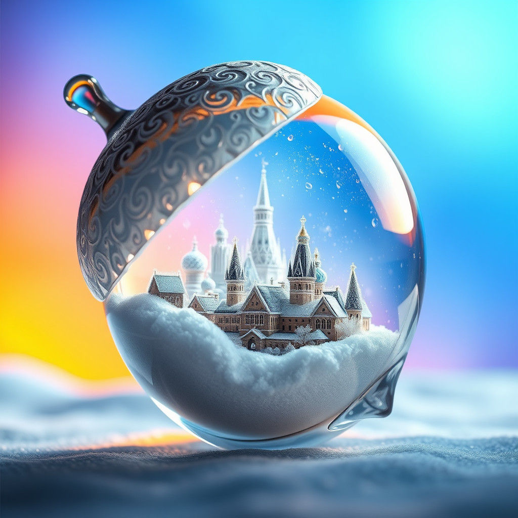 Winter Cityscape in Glass Acorn: Hyperrealistic Digital Art