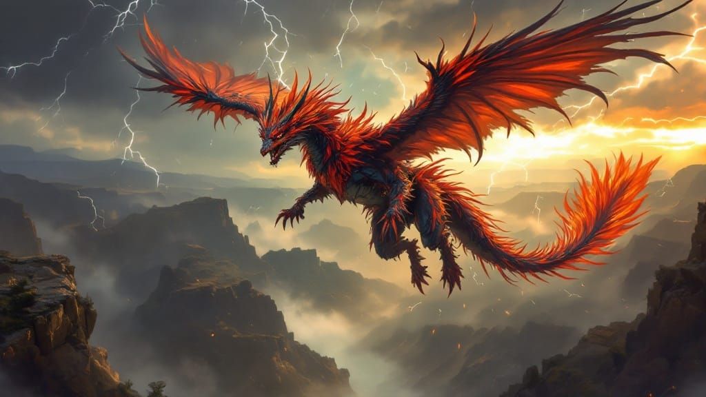 Red Storm Phoenix Soars High Over Canyon