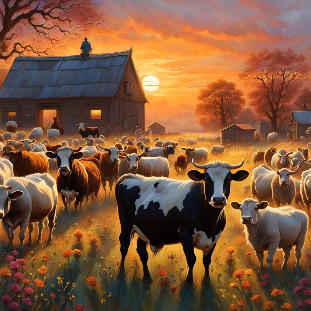 English Farmyard Scene at Sunset, Vibrant Painting