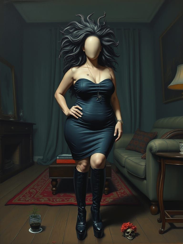 Horror Painting of Faceless Woman in Dark Living Room