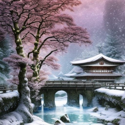 Winter Snowfall in Japanese Village, Digital Matte Painting