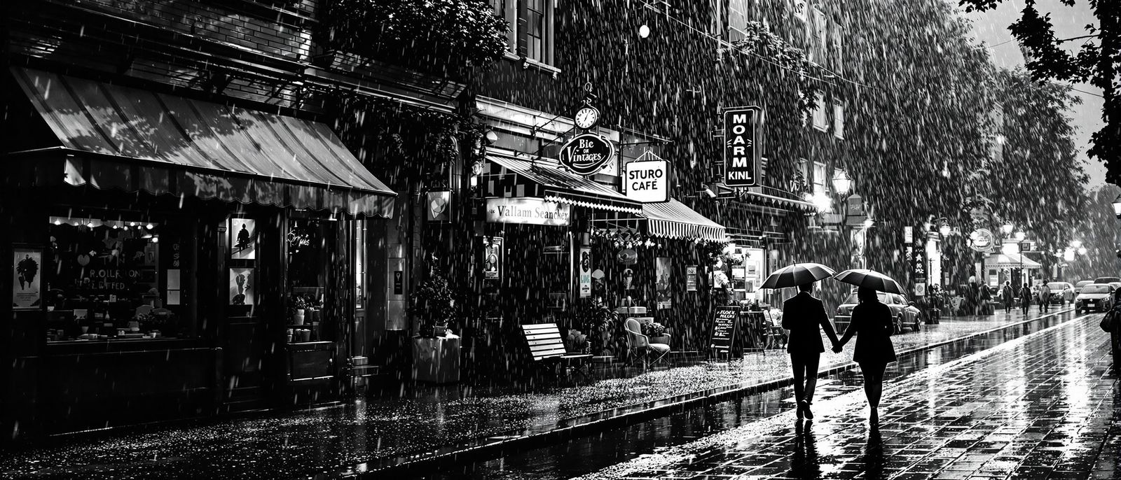 High-Contrast Monochromatic Street Scene During Heavy Rainfa...