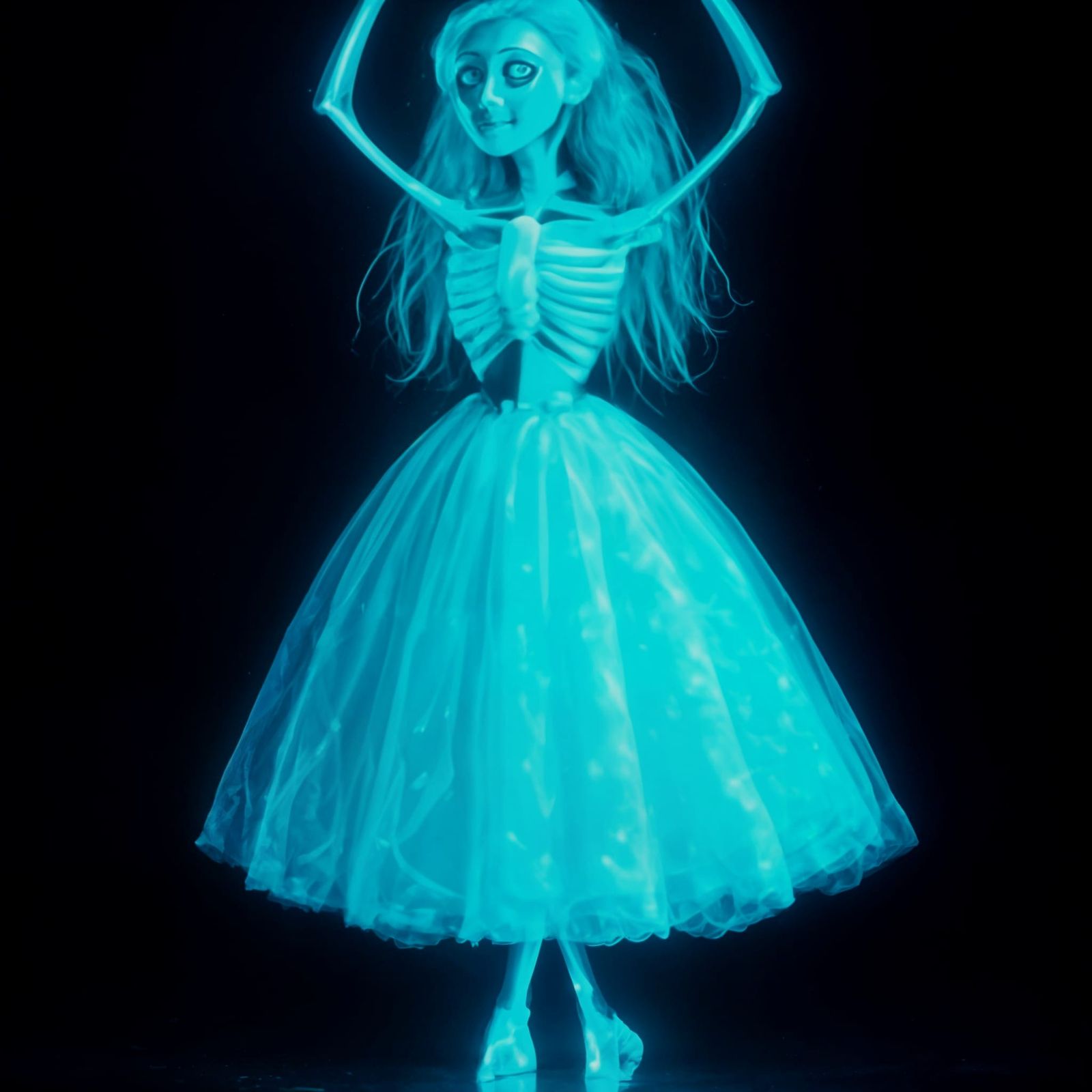 Fluorescent Skeleton in Glowing Ballgown, Ethereal Tim Burto...