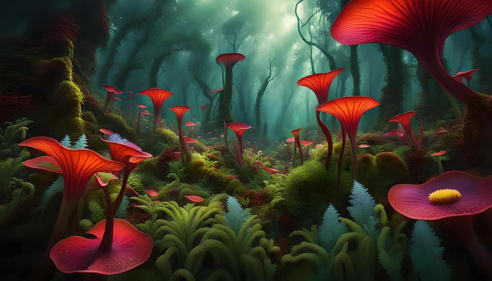 Flowers Above Verdant Forest in Ethereal Matte Painting