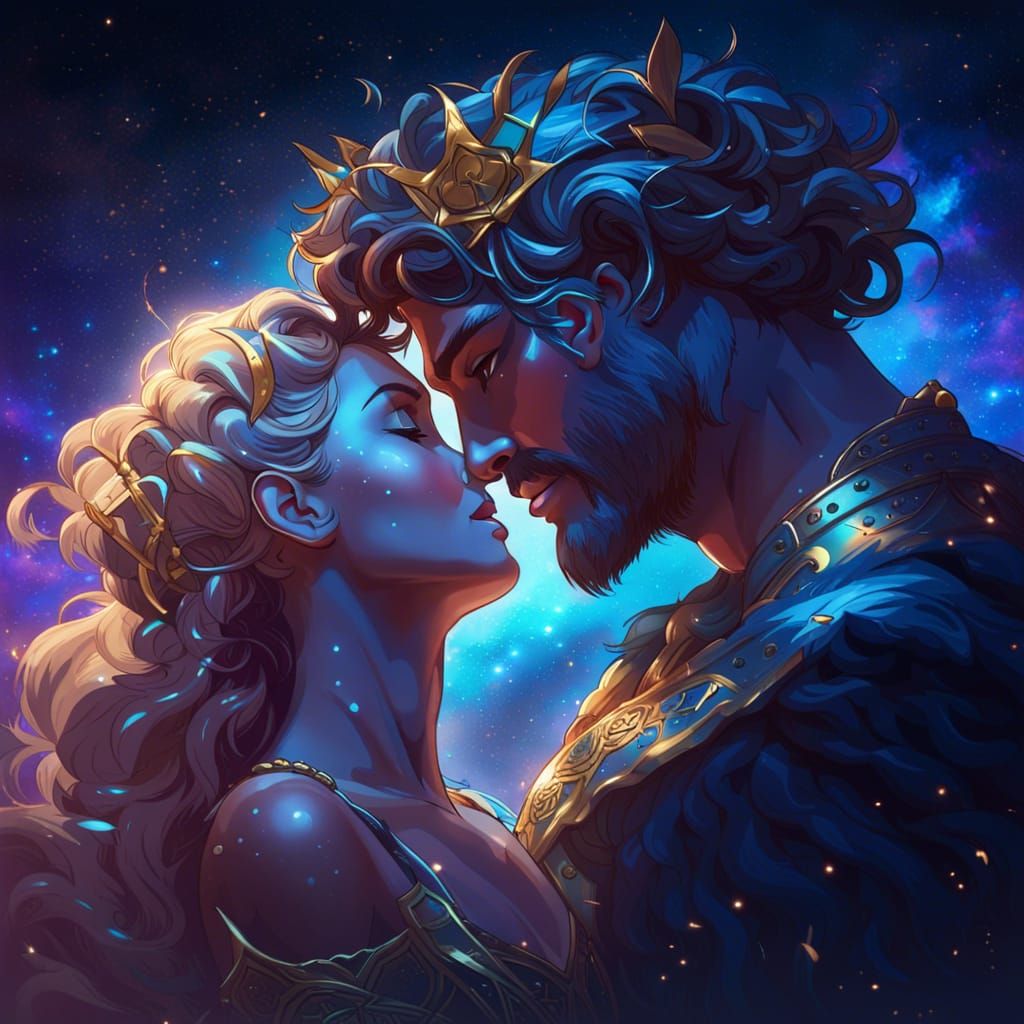Zodiac King and Queen Kiss in Mythical Sky