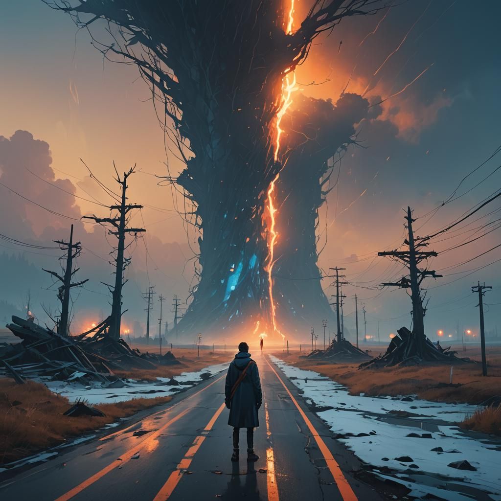 Person at Crossroads in Ethereal Landscape