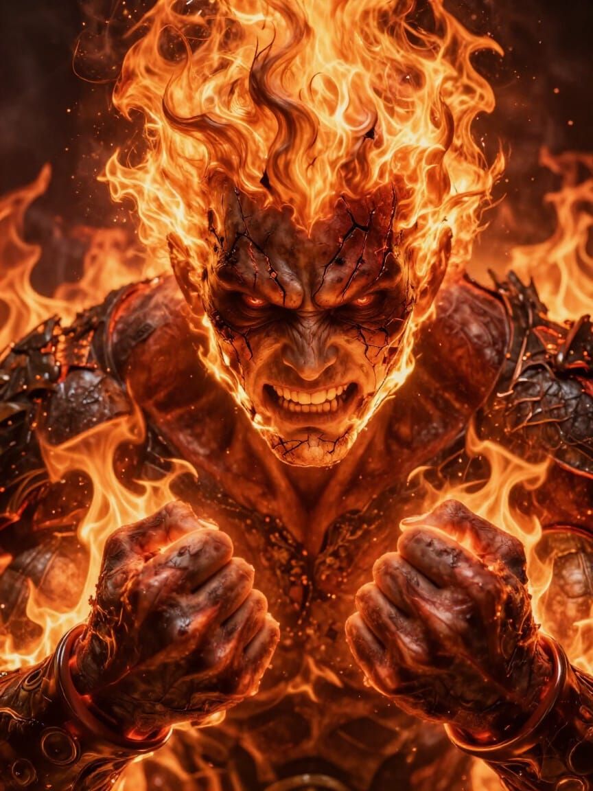 Scorched Warrior With Licking Flames, Intense Gaze