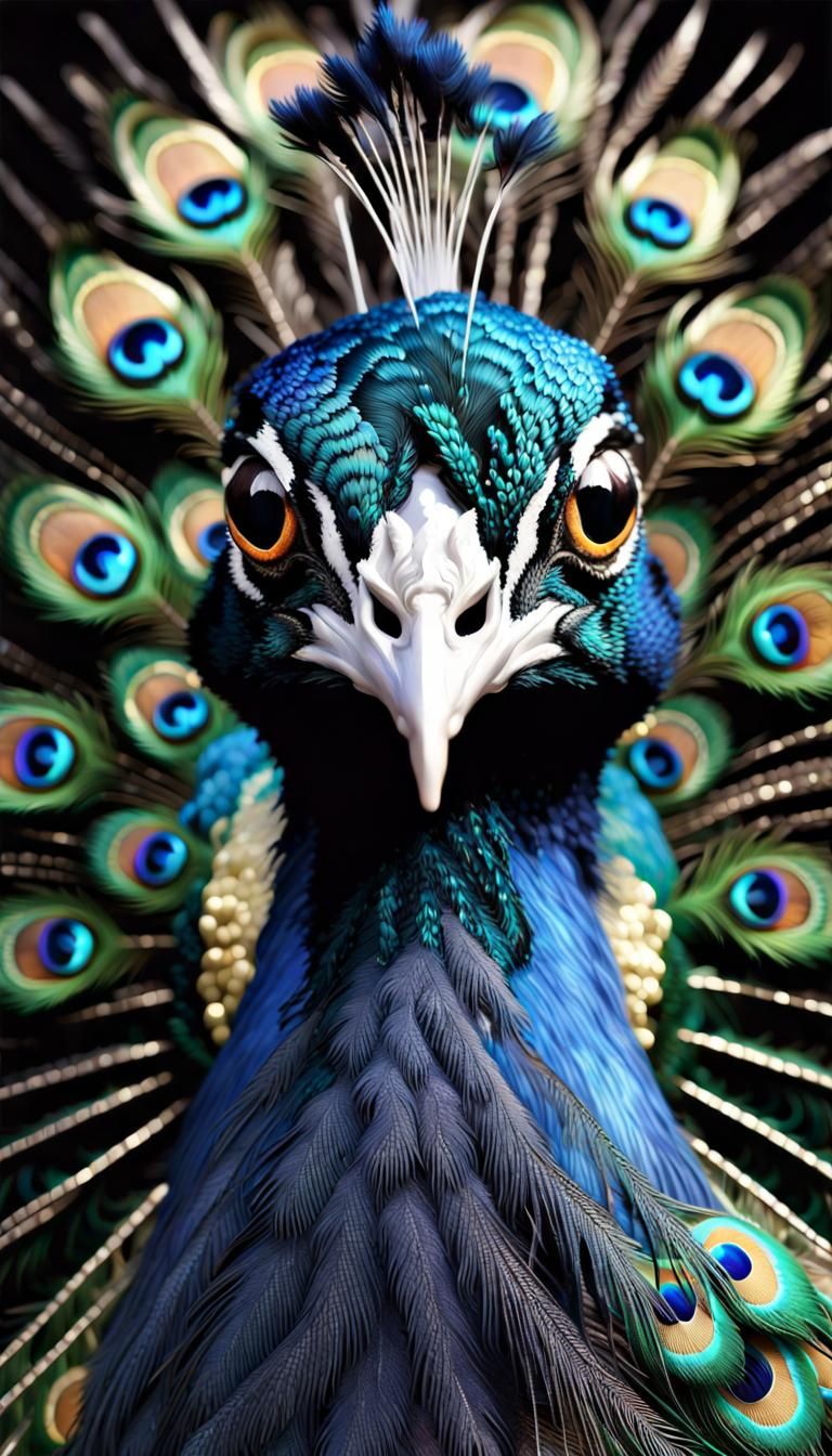 Mythical Black Peacock Portrait with Luminescent Eyes