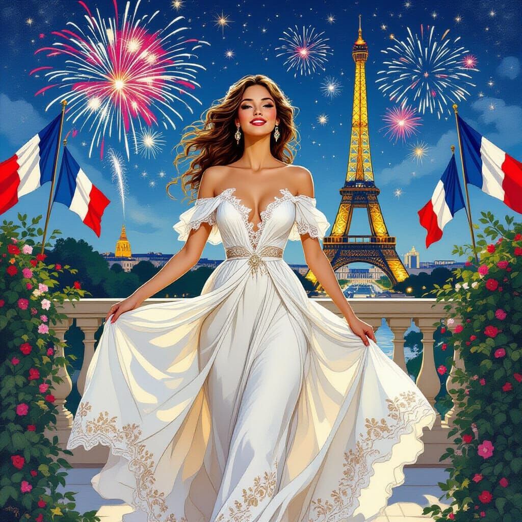Bastille Day Celebration with Elegant Woman and Eiffel Tower