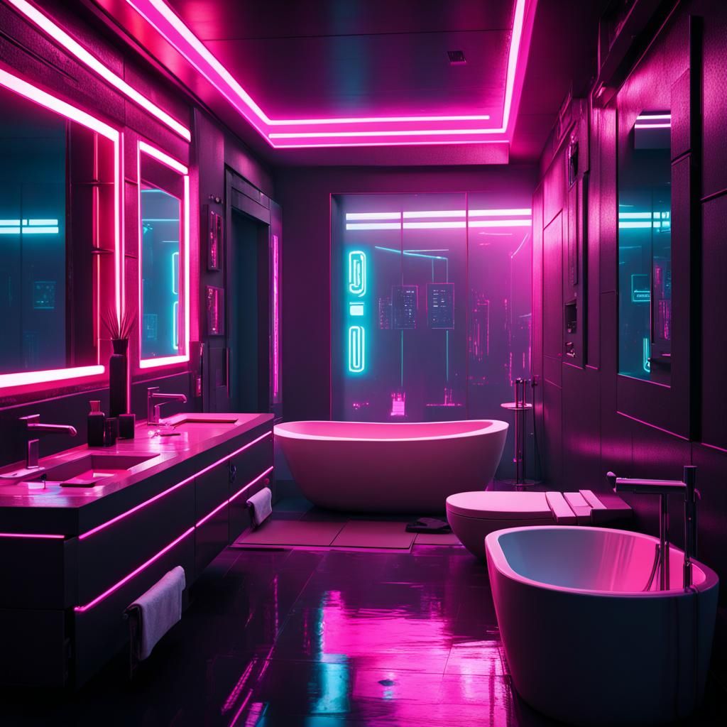 detailed modern luxury bathroom, cyberpunk 2099 blade runner 2049 neon