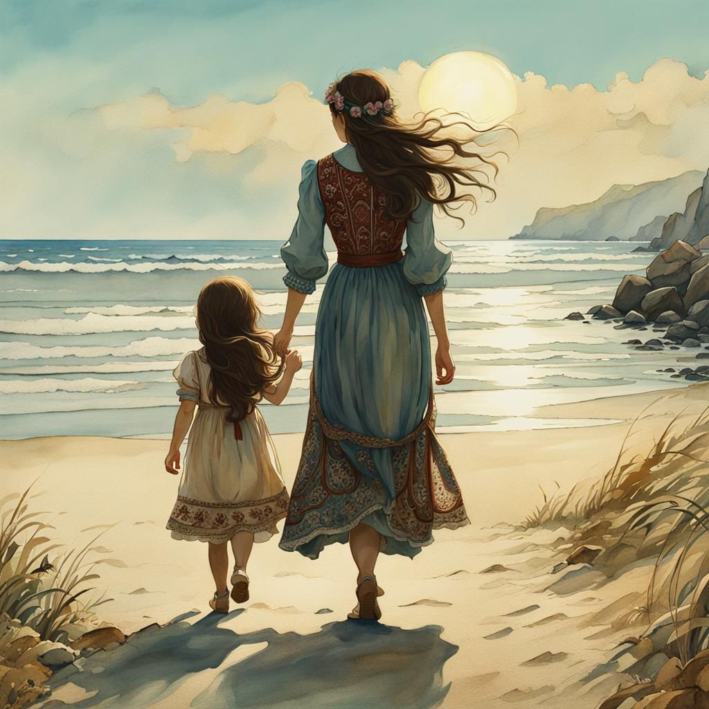 Mother and Daughter Beach Walk: Rackham-Dulac Watercolor