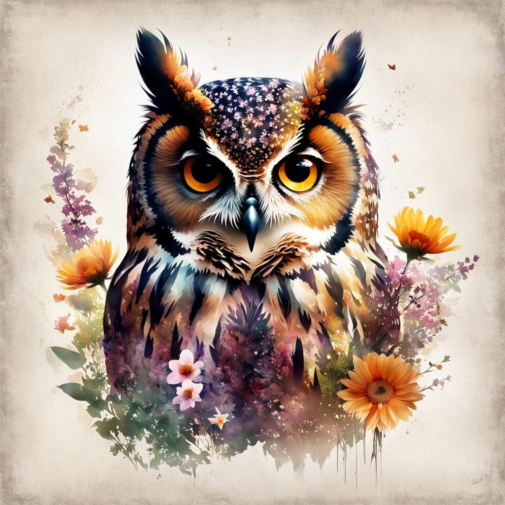 Floral Owl Double Exposure in Mixed Media Style