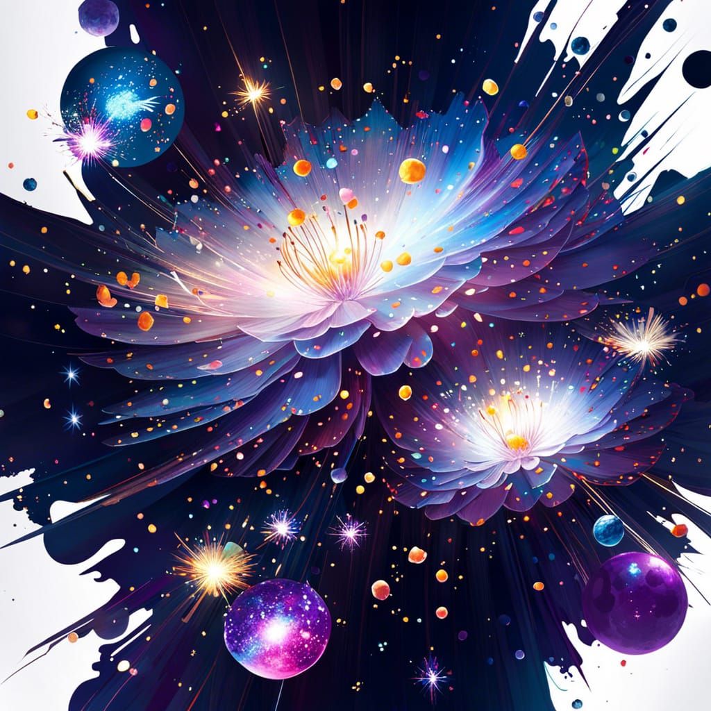 Sparkling Galaxy with Confetti Stars and Floral Explosions